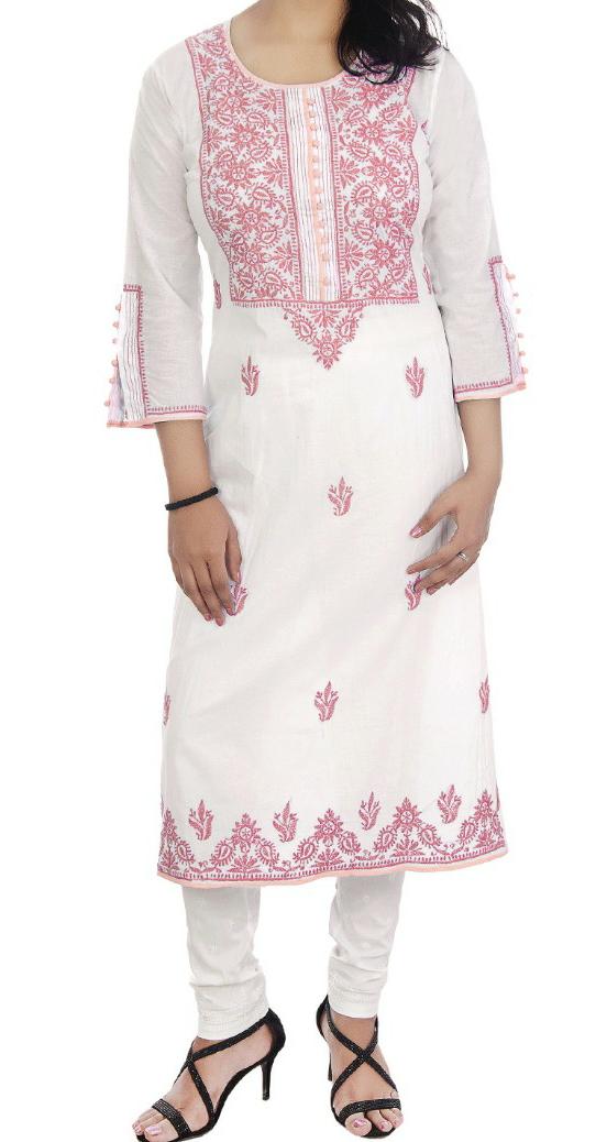 White Chikankari Kurta (pink embriodery)