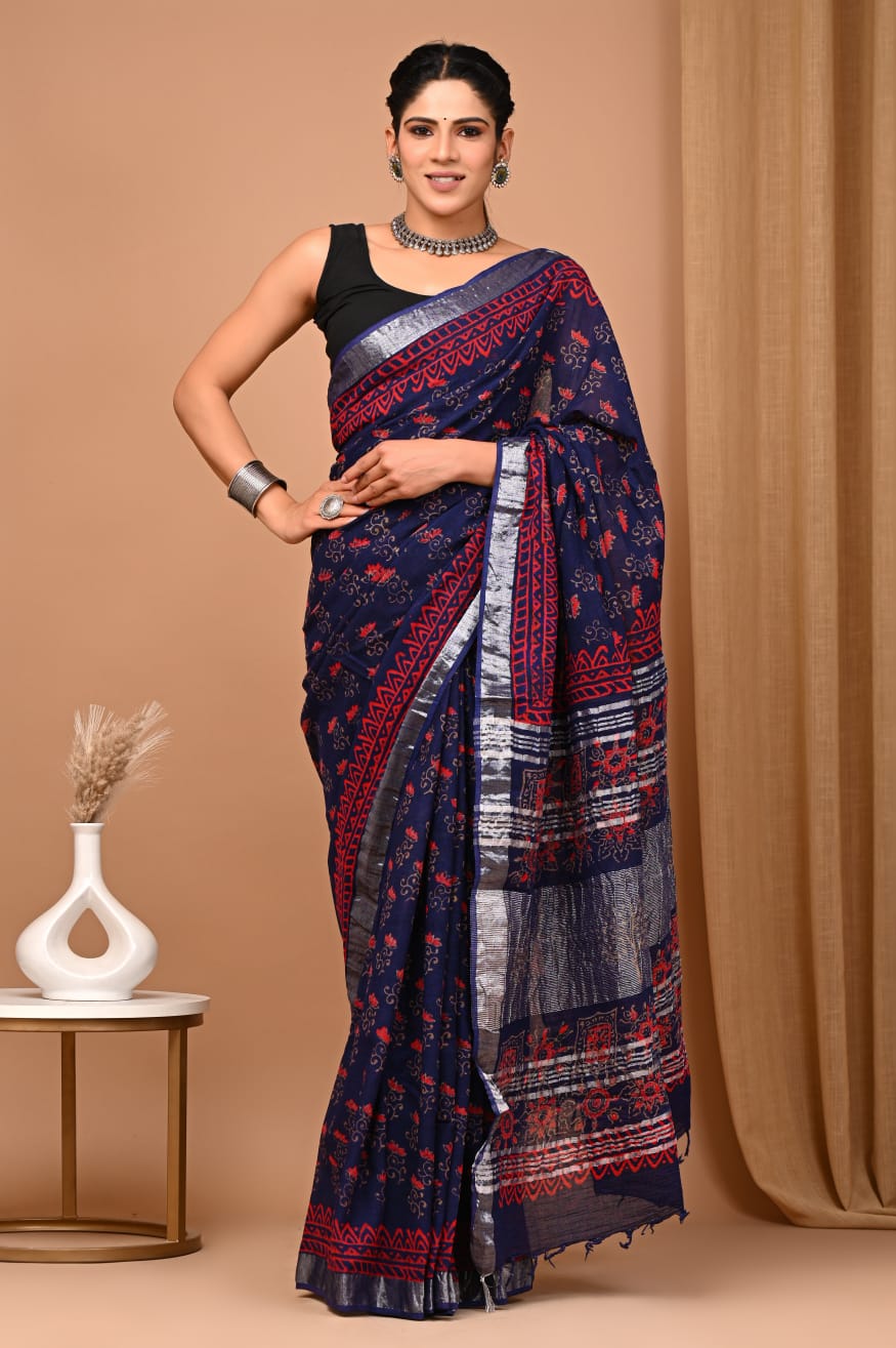 Linen Block printed Sarees