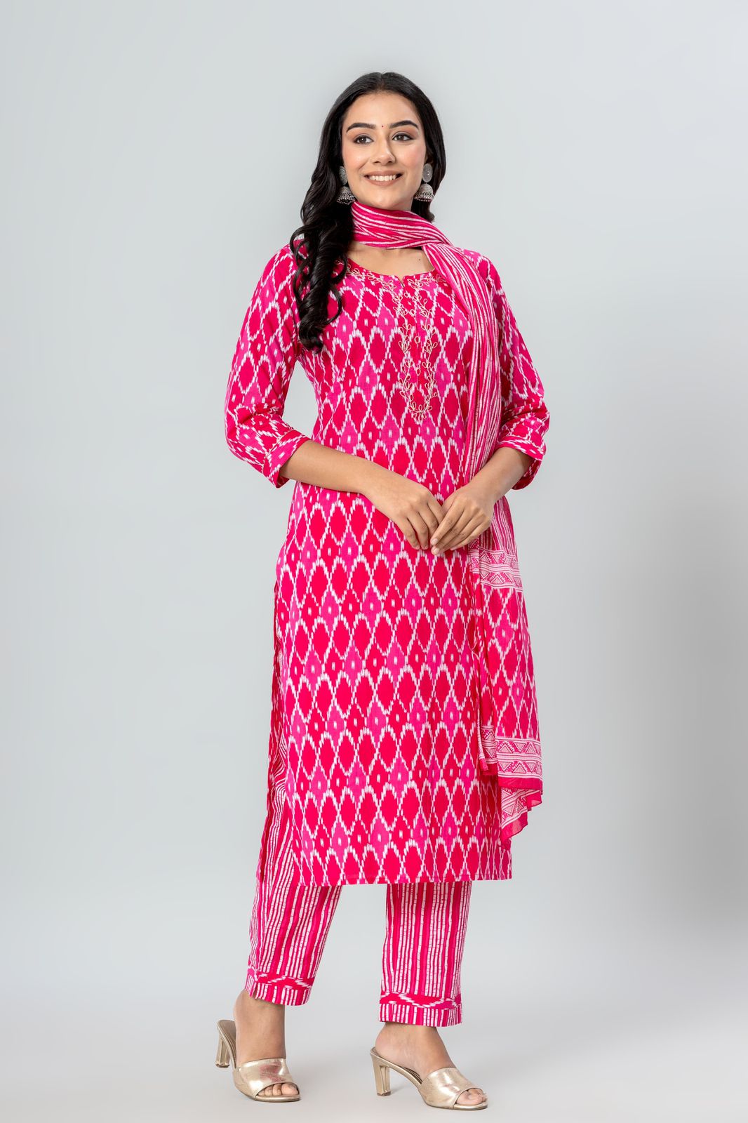 Ikkat print cotton Dupatta Set (Pink)