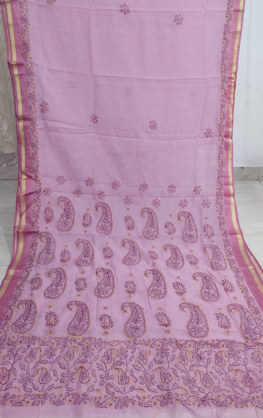 Pure Chanderi Cotton Chikan Work Saree