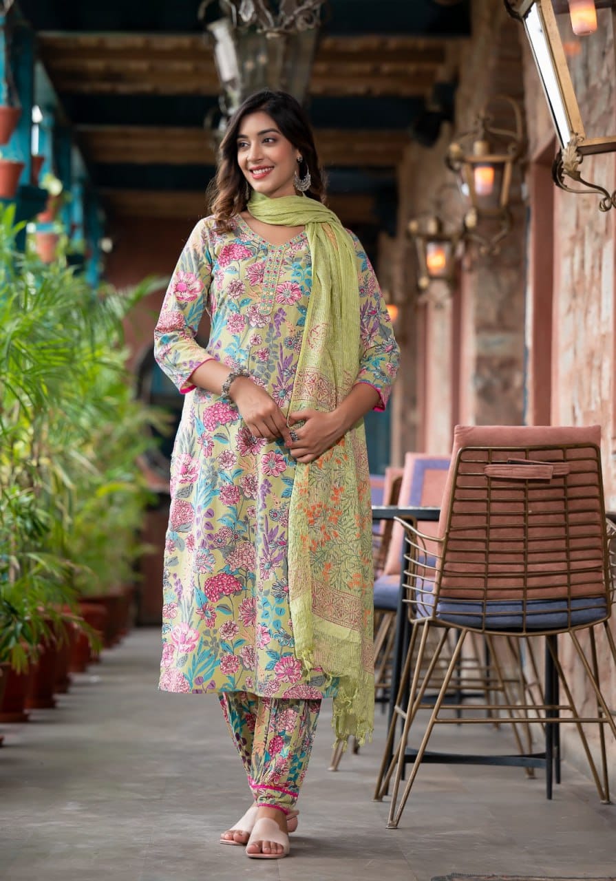 Cotton Floral Printed Afghani Set