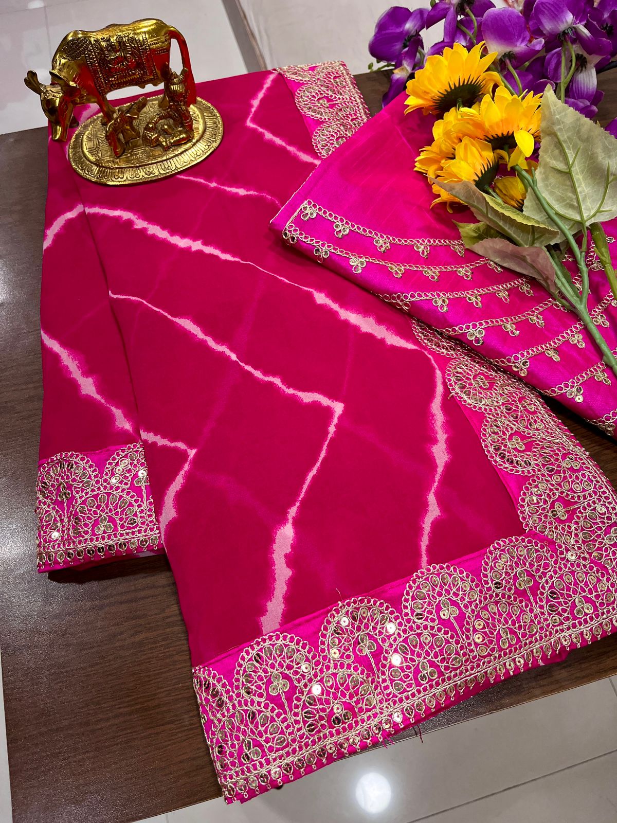 Chiffon Lehariya Saree with Embriodered Blouse