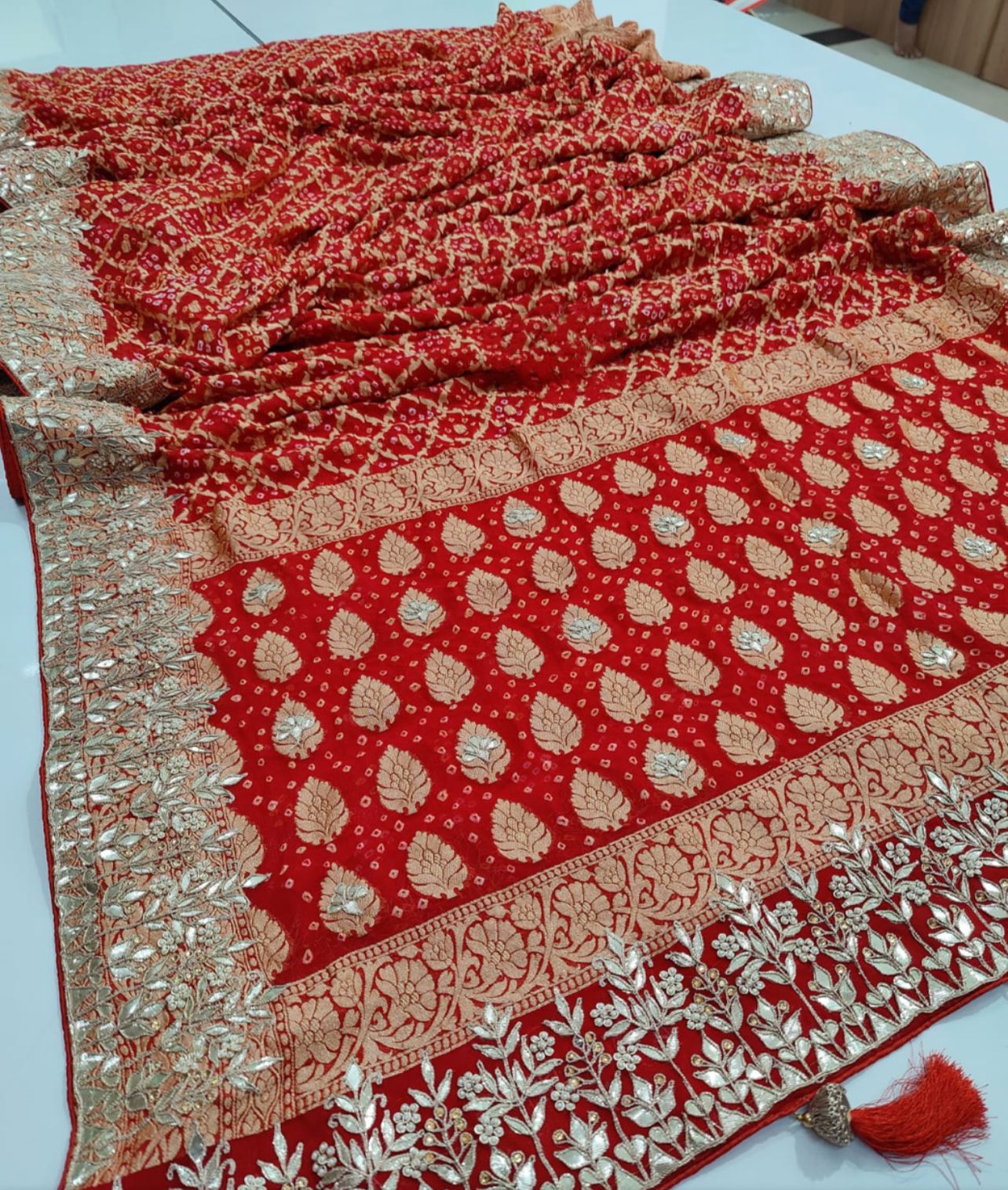 Pure Georgette Neemzari Zangla weave saree with heavy Gota Work