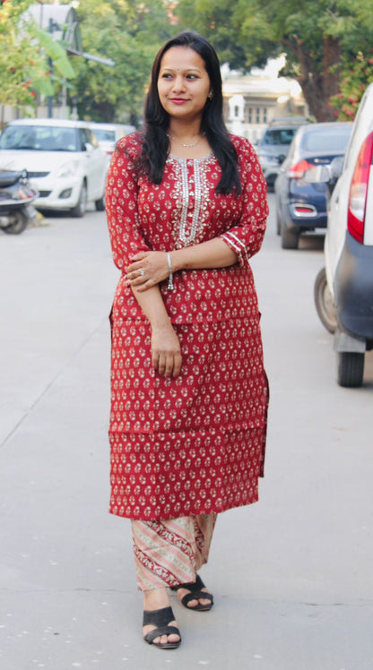 Block printed Kurta set (Red)