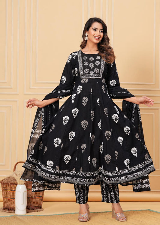 Cotton Anarkali Suit (Black)